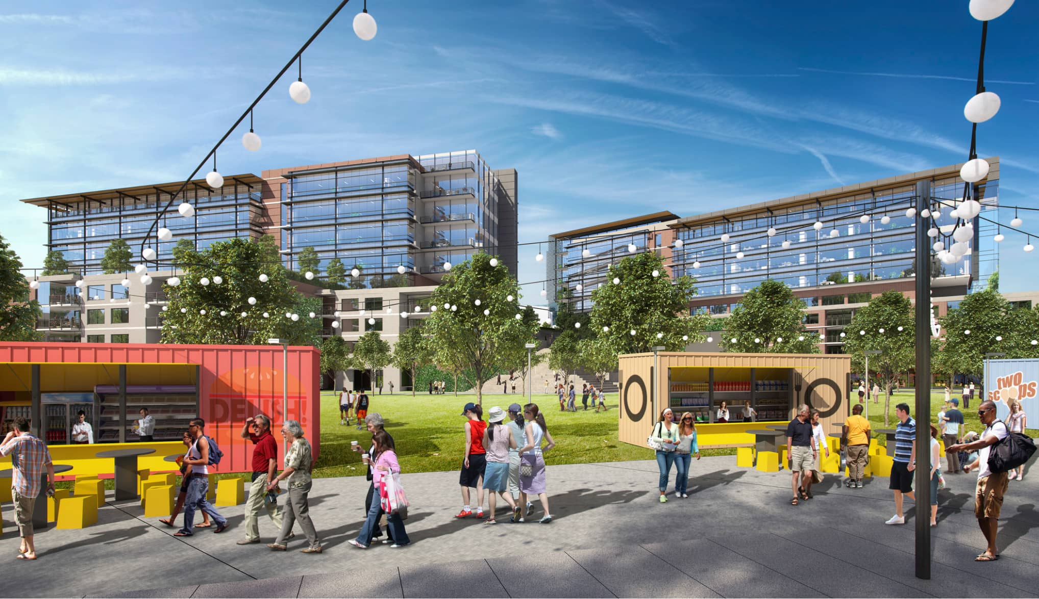 The design concept for Urban Creek Partners Quarry Yards in Atlanta encourages people living in the neighborhood's residential properties and working in its office buildings — as well as people from across the metro area — to enjoy a plethora of amenities from open food court areas to large green spaces.