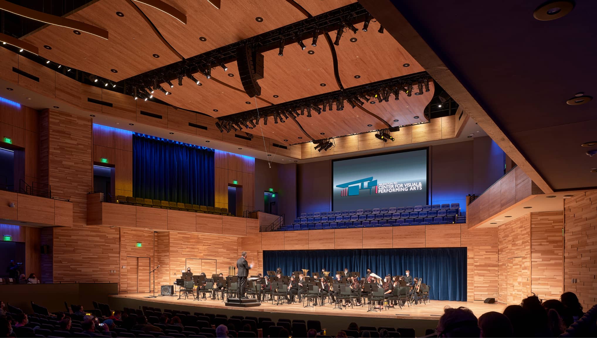 The design of the 1,200-seat concert hall at the Arlington ISD Center for Visual and Performing Arts features wood from responsibly managed forests.