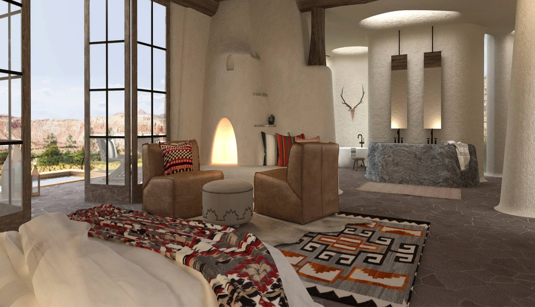 Guest rooms at Bishop’s Lodge are designed with elements that honor the local desert landscape, history and culture. 